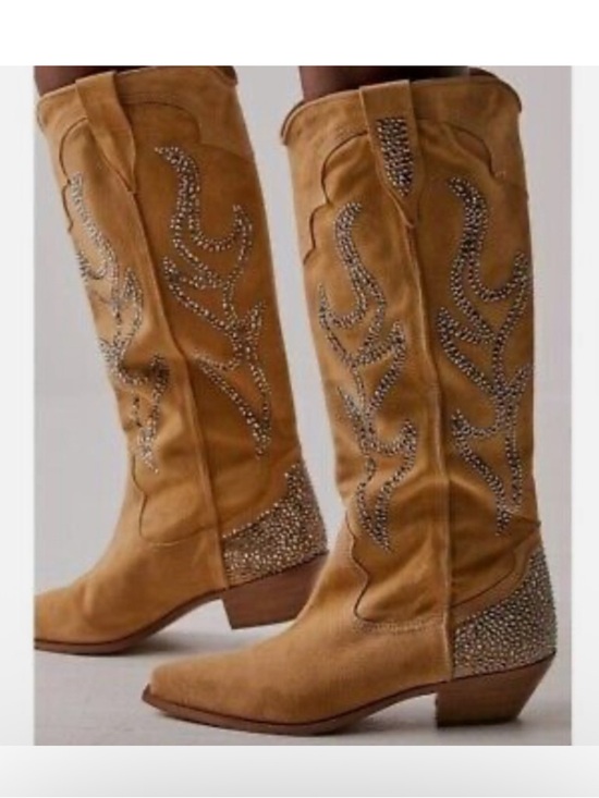Free People Shoes - Free People Tan Suede Over-the-Knee Western Boots with Crystal Accents NEW!